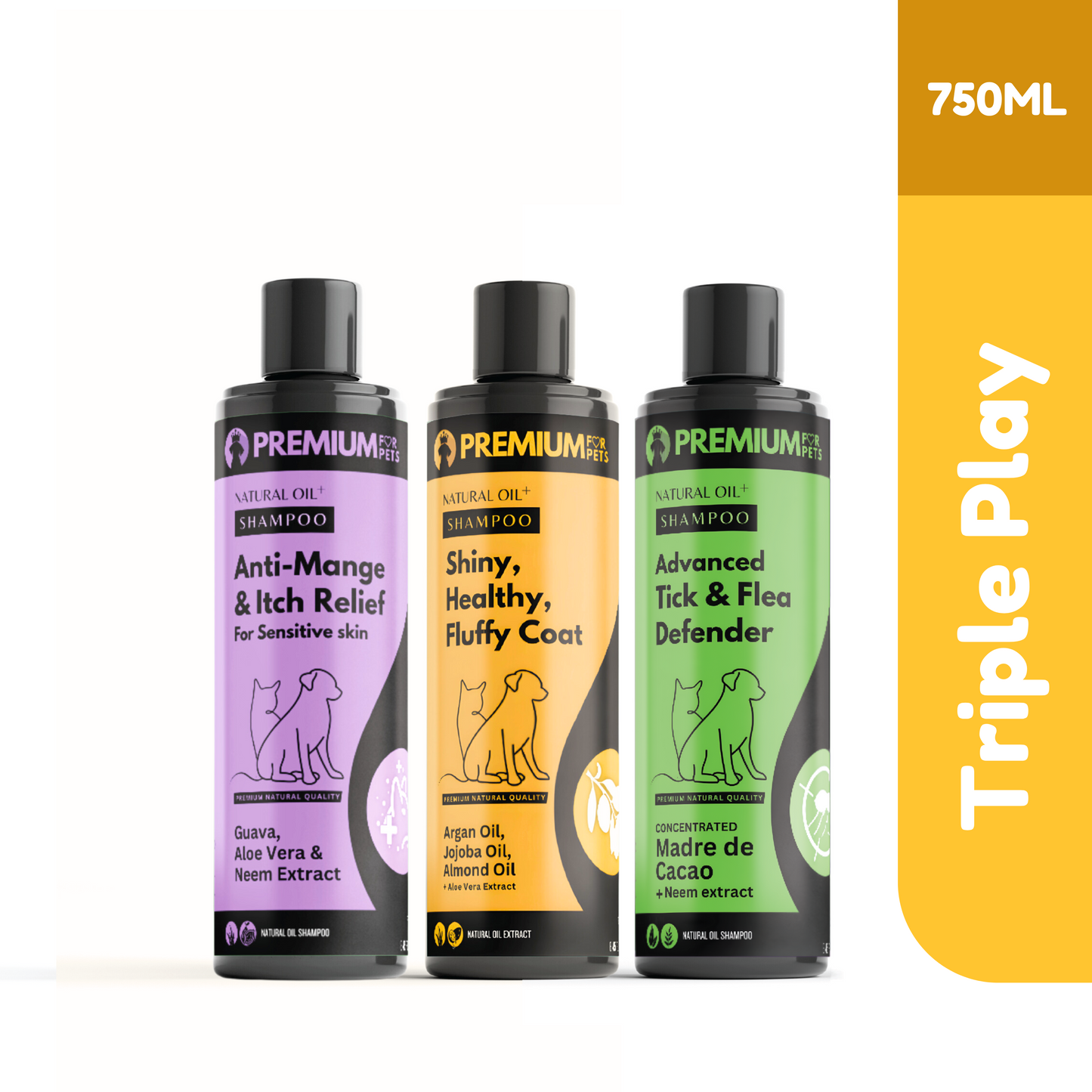 Triple Play Pet Shampoo Set | Fluffy Coat, Anti-Mange, Tick & Flea Defense