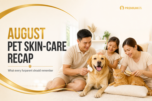 Premium For Pets August pet skin-care recap showing a Filipino family grooming a Labrador and an orange cat