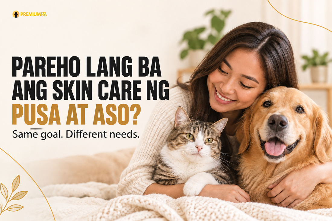 Filipino furparent with a cat and dog — comparing their skin-care needs