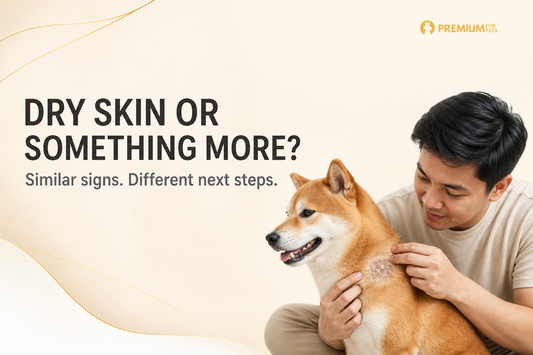 Premium For Pets guide showing a Filipino furparent examining a Shiba Inu’s flaky skin
