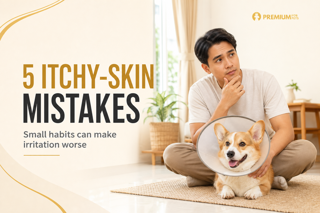 Premium For Pets guide showing a Filipino furparent with a Corgi and five common itchy-skin care mistakes