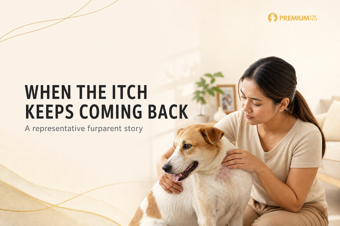 Premium For Pets representative story image of a Filipino furparent comforting an Aspin with recurring skin irritation