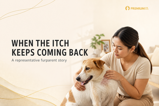 Premium For Pets representative story image of a Filipino furparent comforting an Aspin with recurring skin irritation