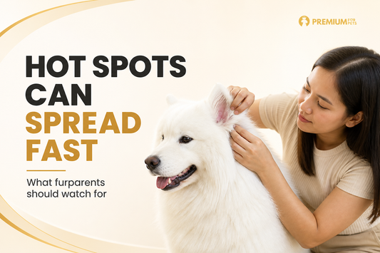 Premium For Pets guide showing a Filipino furparent checking a Samoyed behind the ear for an early hot spot