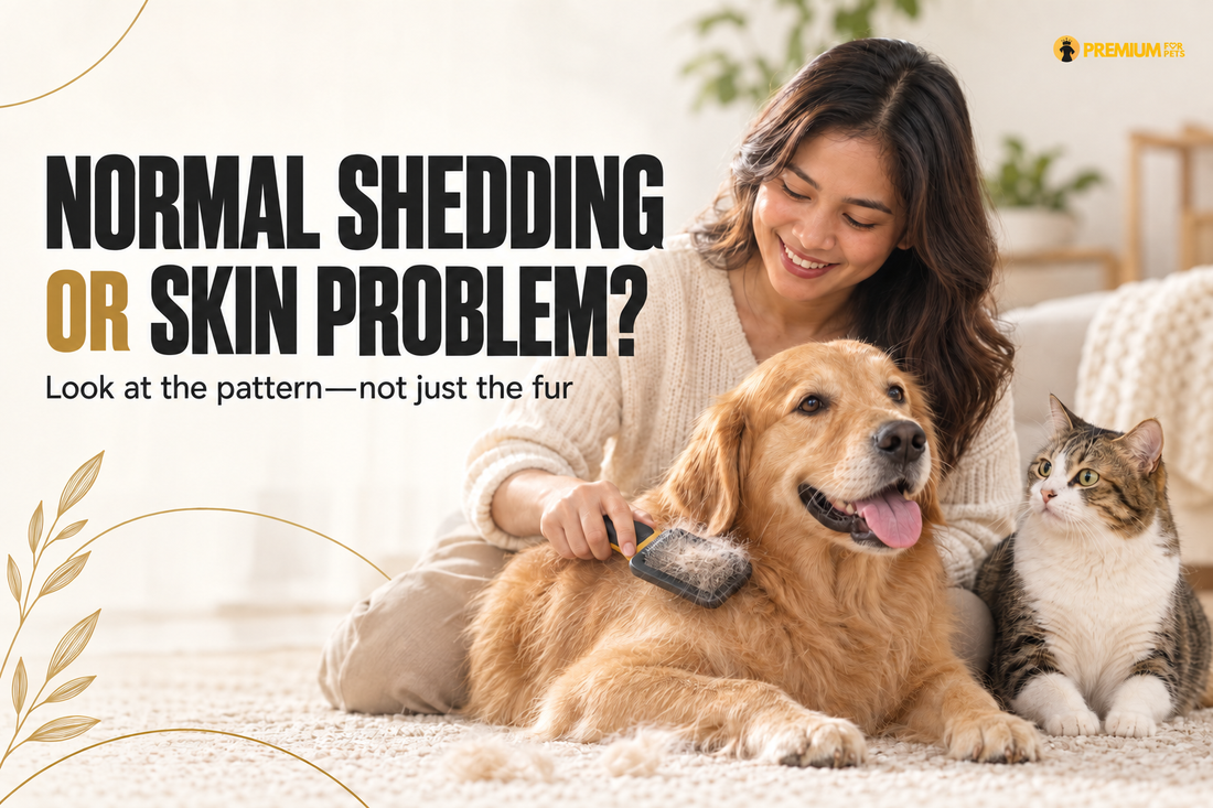 Filipino furparent brushing a dog beside a cat for a guide to normal shedding and skin problems
