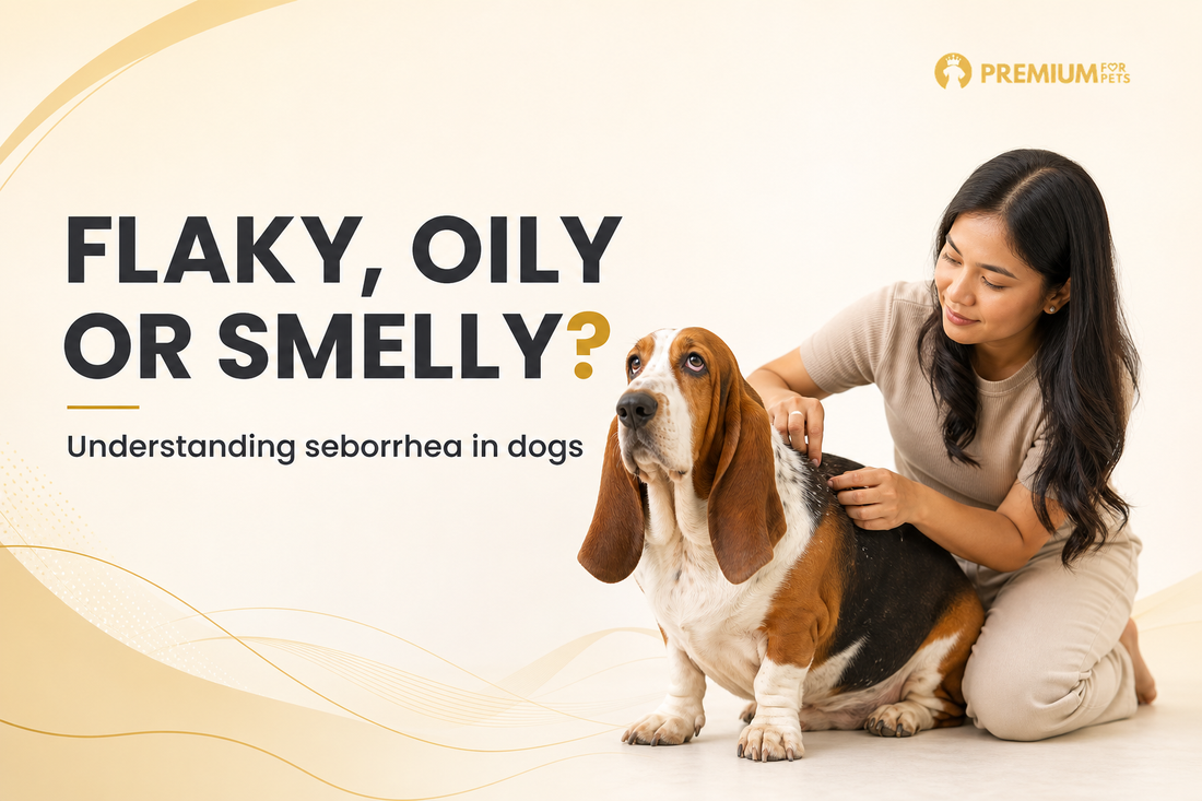 Premium For Pets guide showing a Filipino furparent checking a Basset Hound with flaky, oily, or smelly skin