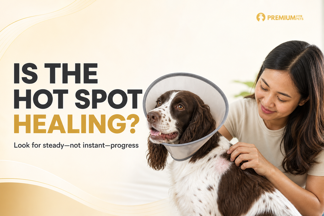 Premium For Pets guide showing a Filipino furparent checking an English Springer Spaniel’s dry healing hot spot