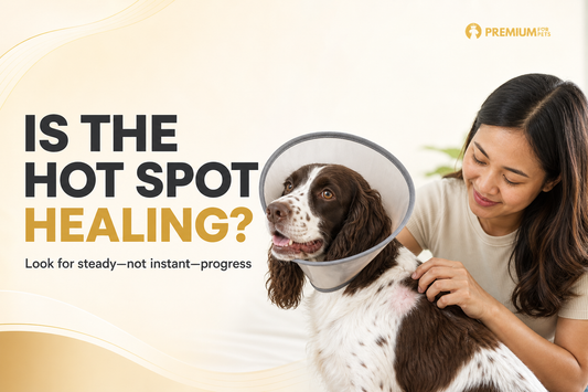 Premium For Pets guide showing a Filipino furparent checking an English Springer Spaniel’s dry healing hot spot