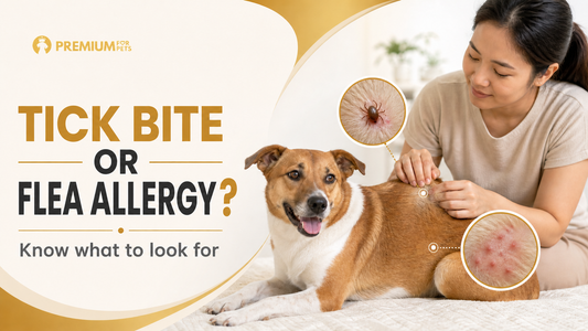 Premium For Pets guide showing a furparent checking an aspin-type dog with tick-bite and flea-allergy callouts