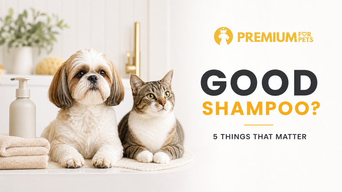 Shih Tzu and cat beside a gentle pet shampoo with Good Shampoo checklist headline