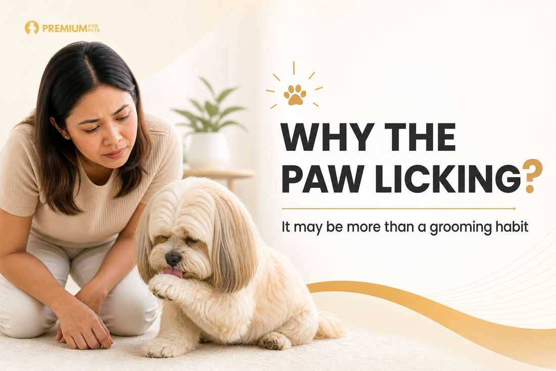 Premium For Pets guide showing a Filipino furparent watching a Lhasa Apso repeatedly lick one paw