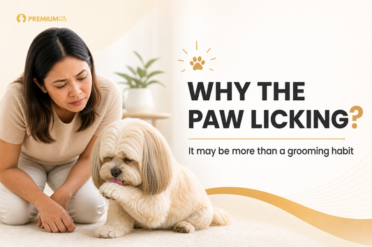 Premium For Pets guide showing a Filipino furparent watching a Lhasa Apso repeatedly lick one paw