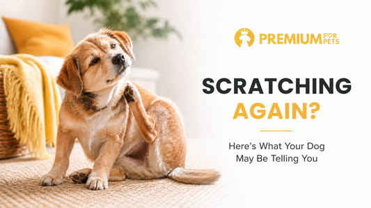 Dog scratching with a minimalist Premium For Pets banner using Poppins typography