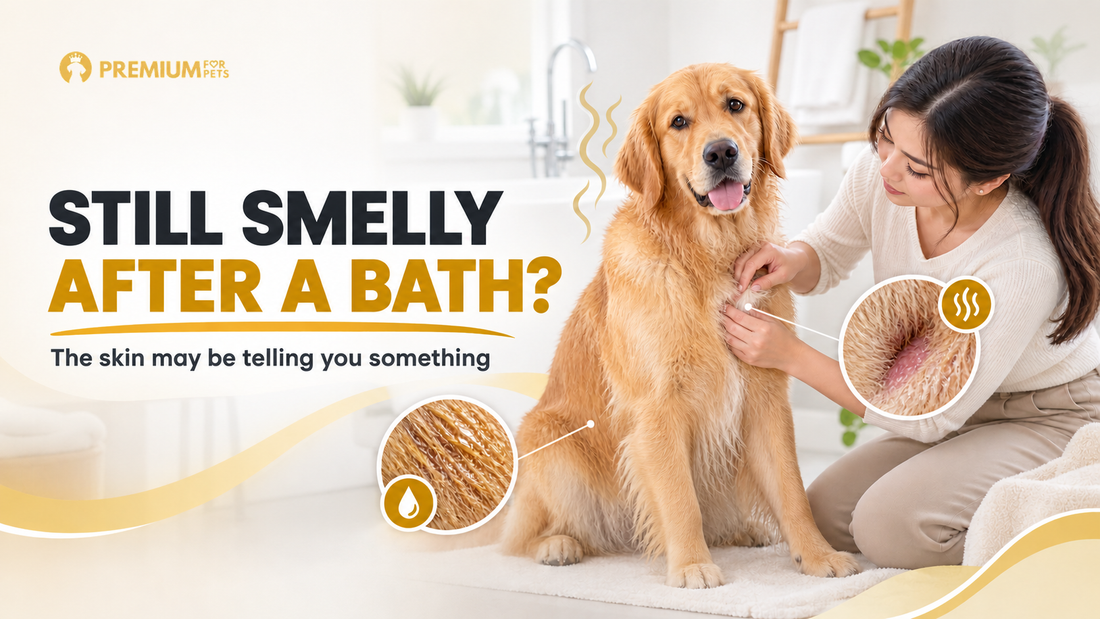 Premium For Pets guide showing a furparent checking a golden retriever whose skin still smells after a bath